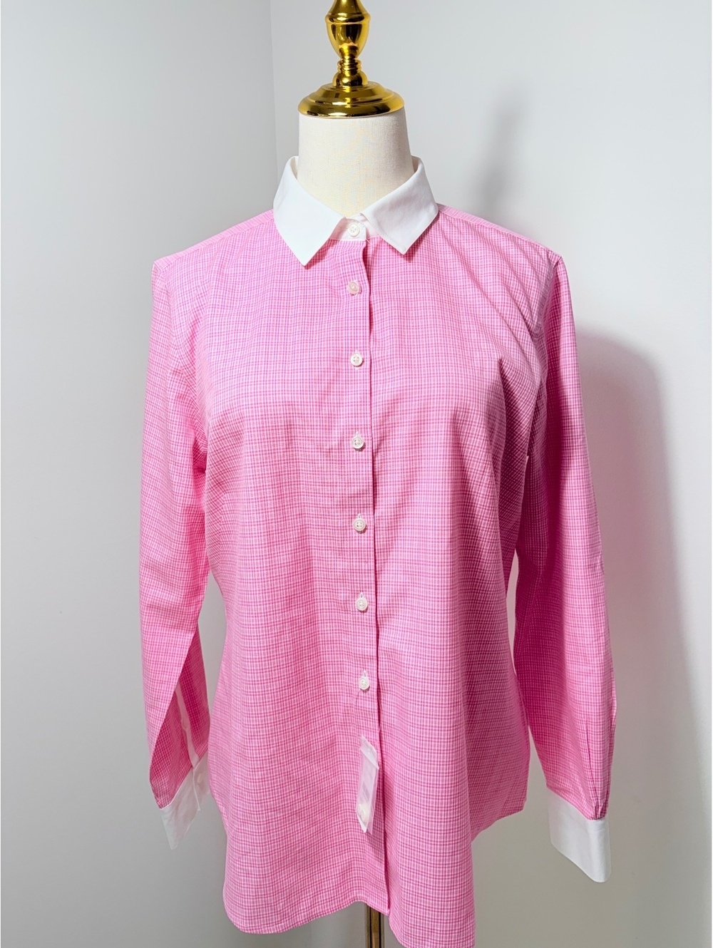 Brooks Brothers Fitted Pink Gingham Button-Up Shirt with White Collar and Cuffs
